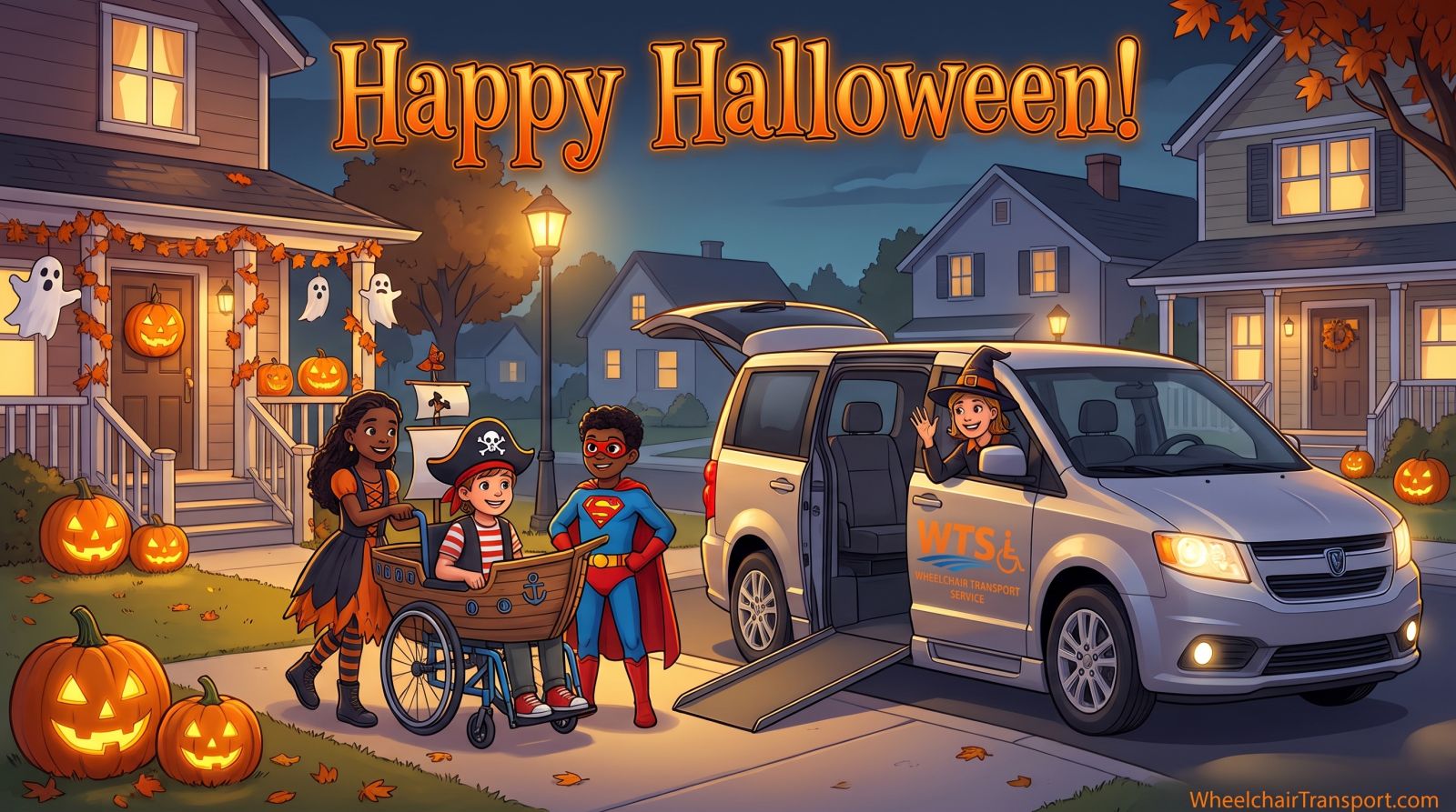 Happy Halloween from Wheelchair Transport Service. Illustration showing an inclusive Halloween featuring a child in a wheelchair costume next to an accessible WTS transport minivan
